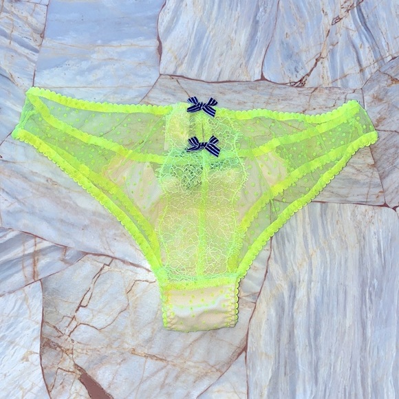 VS Lace Mesh Satin Panty Bikini Yellow Polka Dot Very Sexy Small - Picture 6 of 7
